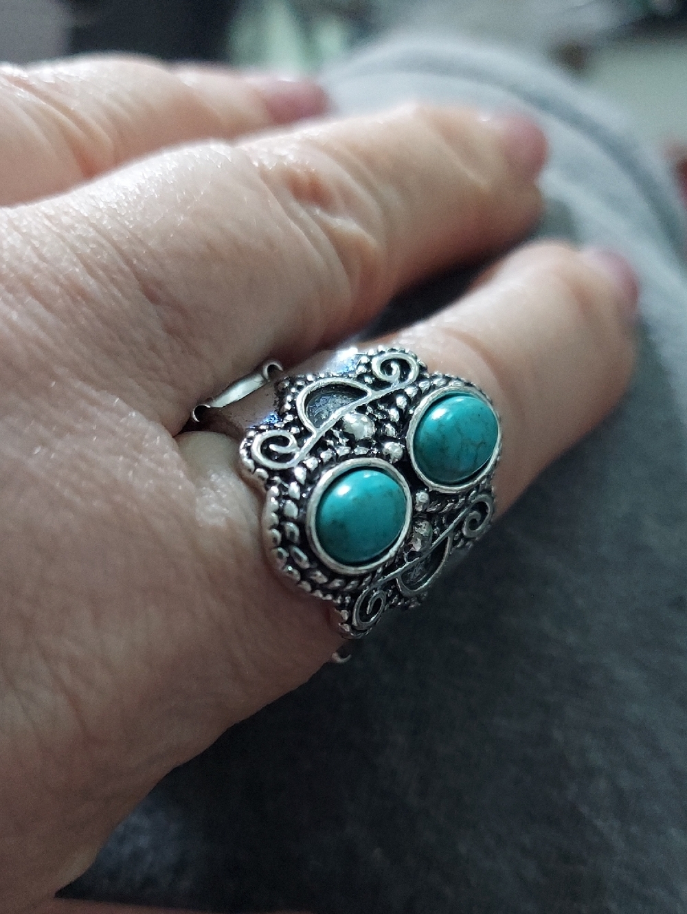 Turquoise Stone Silver Filigree Statement Ring - Women's Jewelry OS